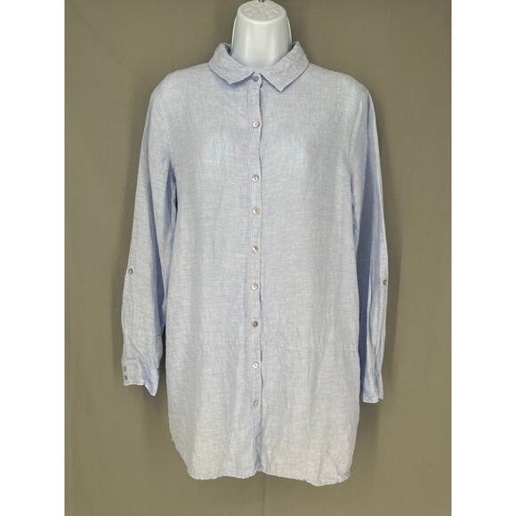 Tahari Top Womens Medium Blue Linen Button Tunic Shirt Classic Coastal Beach - Picture 1 of 8